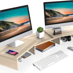 UniShop Desk Organizer Dual Monitor Stand Wood PC Laptop Computer Screen Riser Laptop Stand-18