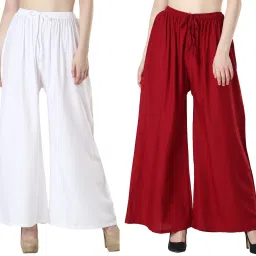 Pack of 2 Women Relaxed White, Maroon Viscose Rayon Trousers-image-41