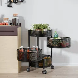 3+1 Layer Kitchen Metal Storage Rack with Wheels | Round Shape - Black Iron Kitchen Trolley-60