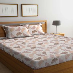 arrabi Cream Floral 300 TC Cotton Blend Double Queen Bedsheet With 2 Pillow Covers-picture-49