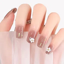 Secret Lives Set Of 24 Translucent 3D Glitter Artificial Nails - Nude Brown+White Flower-2