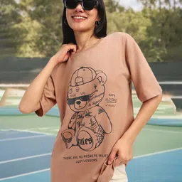 juneberry Oversized Women Typography Round Neck Pure Cotton Beige T-Shirt-picture-43