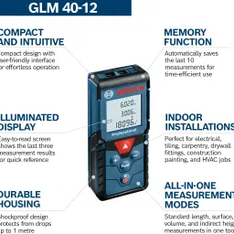 bosch GLM 40-12 Professional Laser Distance Measurer Laser Class 2, Range up to 40 m, ±0.15 m| Memory Function, IP54 Rated Non-magnetic Electronic Level image 2