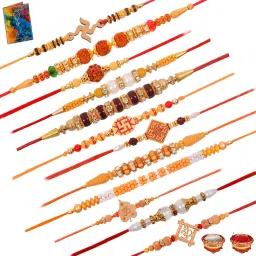 Bhaiya Bhabhi rakhi festival Rudraksha Rakhi Combo of 12 Rakhi set For Brother With Greeting Card Roli Chawal Assorted Rakhi, Chawal Roli Pack, Greeting CardSet-image-62