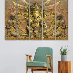 999store Lord Ganesha Yellow MDF Unframed Spiritual Art Panel Set of 5-picture-23