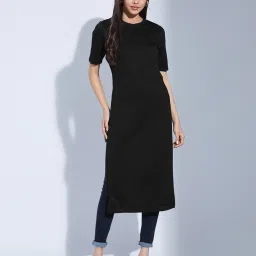 Women A-line Black Below Knee Dress-image-3