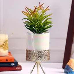 fourwalls Polyurethane Chrysta Multicolour Succculent In Ceramic Pot With Metal Stand Artificial Plant-picture-42