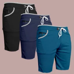Pack of 3 Solid Men Dark Blue, Black, Light Blue Casual Shorts-18