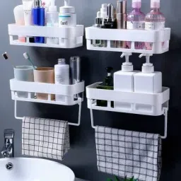 4 PC Multipurpose Wall Holder Bathroom Storage Rack With Towel Hanger(White) WHITE Towel Holder-17