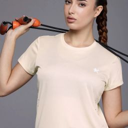 Women Solid Round Neck Polyester Beige T-Shirt-image-34