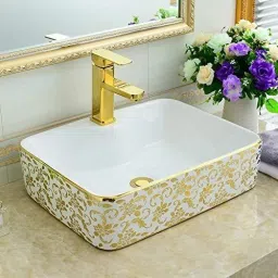 Premium quality Golden White ceramic imported table top wash basin size 480 x 370 x 135mm white_goldtap_22 Counter Top-image-15