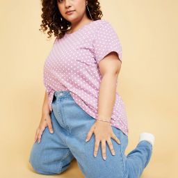 Plus Size Women Graphic Print Round Neck Pure Cotton Purple T-Shirt-image-4