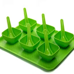 6 Piece Reusable Square Bowl Spoon and Tray Set, Perfect Serving Dish for Dips, Ice Cream| Snacks| and Candy Durable Hard Plastic| Includes 1 Tray 6 Bowls and 6 Spoons (Green) Tray, Bowl, Spoon Serving Set-image-9