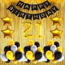 Solid No 21 Gold Foil Balloons with Happy Birthday Decoration Items or Kit Black Banner Set of 13 Letters with 30 HD Metallic Gold , Silver & Black Balloons Decoration + 4 Gold Star shape Foil Balloons for Party Decoration for Boys ,Girls & Kids + 2 Gold Fringe Curtains + 21st Birthday or 21st Year Birthday Gold Foil Balloons Balloon-20