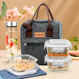 Gourmet Lunchbox, 3 pc Set (320ml Each) + 1 (550ml) Glass Bottle, Leakproof 3 Containers Lunch Box-12