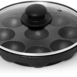 Pre-Seasoned Cast Iron 9-Pit Paniyaram Pan with Glass Lid Paniarakkal Set with Lid 1 L capacity 21 cm diameter-image-72