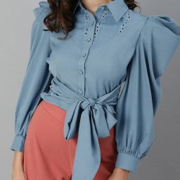 Women Regular Fit Solid Curved Collar Casual Shirt-image-3