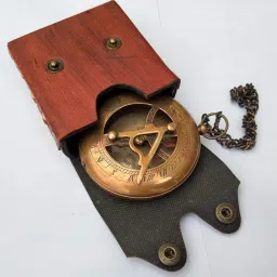 Antique brown brass sundial compass push button chain with leather cover Compass-picture-18