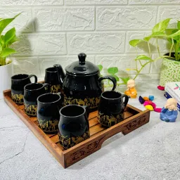Pack of 7 Ceramic, Wooden Premium Tea Kettle Set with 6 Cups(150ml), 1 Kettle(600ml) & 1 Wooden Tray-image-81