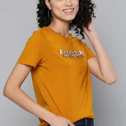 mast & harbour Women Printed Round Neck Pure Cotton Yellow T-Shirt-picture-23