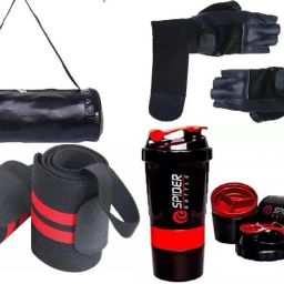 black gym bag with spider bottle with wrist support & gym gloves Home Gym Kit Gym & Fitness Kit Fitness Accessory Kit Kit-image-62