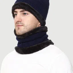 WEAVERS VILLA Men Navy Blue Acrylic Beanie with Muffler Set-image-85