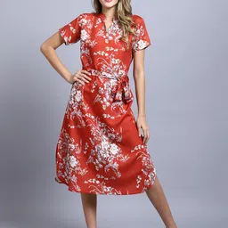 Sugathari Floral Printed Mandarin Collar Neck Tie Up A Line Midi Dress-image-81
