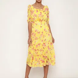 Sugathari Floral Printed Puff Ruched Sleeve Gathered Chiffon Fit & Flare Tiered Dress-picture-21