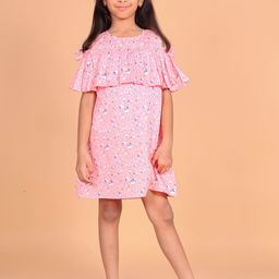BAESD Girls Floral Printed Cold-Shoulder Sleeves Pure Chiffon Ruffled A-Line Dress-46