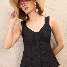 SASSAFRAS Blacl Self Design Schiffli Shoulder Strap Top-image-6