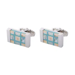 The Tie Hub Men Blue & Silver-Toned Checkered MOP Rectangular Cufflinks-image-17