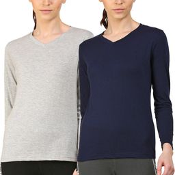 ap'pulse Pack of 2 Women Solid V Neck Cotton Blend Dark Blue, Grey T-Shirt-picture-25
