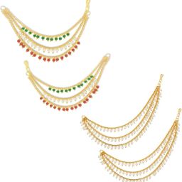 Temple Jewellery Gold Coated Multilayer Multicolor Pearl Beads Statement Chain Clip on hair Earrings Alloy Jhumki Earring-image-21