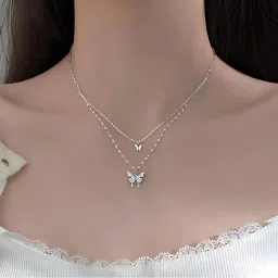Necklaces Pendant Silver Color Shiny Butterfly Necklace Double Layer Pendant Silver Crystal Alloy Pendant-11