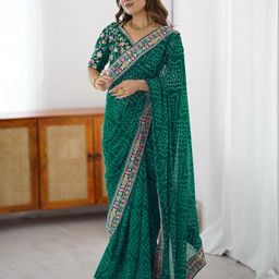 satrani Printed, Embellished, Embroidered Bandhani Georgette Saree-picture-19