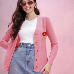 dressberry Women Graphic Print V Neck Pink Sweater-picture-47