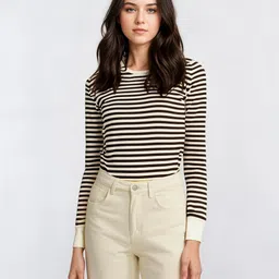 vimal jonney Women Striped Round Neck Cotton Blend Brown T-Shirt-picture-9
