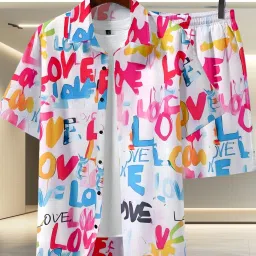 Men Night Suit Set Pink Floral Print-image-3
