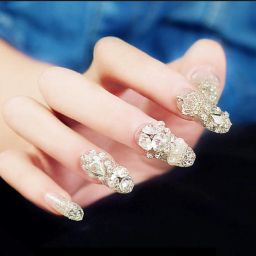 Designer NUDE BOW STONE STUDDED French Bridal Wedding Flower False Nails Art Design NUDE, BEIGE-image-4