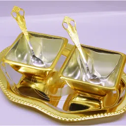 Silver&Gold Plated Tray Bowl Set Serving Purpose And Gifting . Tray, Bowl, Spoon Serving Set-picture-6
