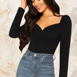 Casual Puff Sleeves Solid Women Black Top-image-91