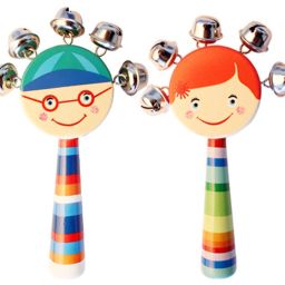 Colorful Wooden Rainbow Handle Jingle Bell Rattle Toy With Top Round Face - Set Of Two Rattle-picture-26