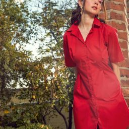 Women Shirt Red Above Knee/Mid Thigh Length Dress-image-5