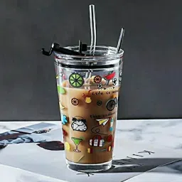 water glass with Straw/Lid Drink for Milk/Tea/Coffee/Juice Glass. (400ml,glass) Glass Water/Juice Glass-12