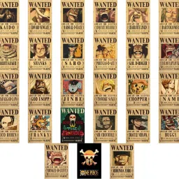 one piece wanted posters for wall - one piece merch - set of 27 post cards size 4x6 inch 300gsm anime stickers - one piece bounty posters with peel and stick tissue tape Paper Print-6