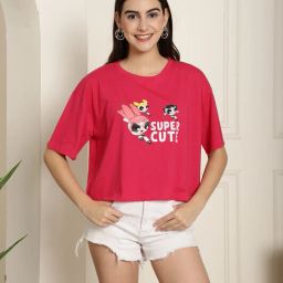 Women Printed Round Neck Pure Cotton Pink T-Shirt-image-3