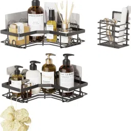 Cutlery Kitchen Rack Corner Shower Caddy with Hooks Self Adhesive Bathroom Shelves with Brush Holder Iron-image-49