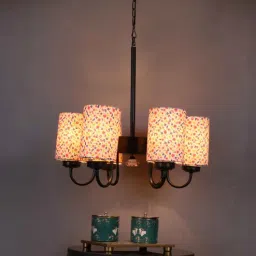 new era Devansh 06 Light Black Iron Powder coated Chandelier With Printed cotton Shade (19x19x24 ) Inches-picture-0
