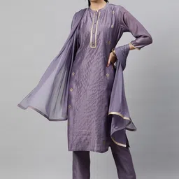 indo street Floral Woven Design Thread Work Pure Cotton Kurta with Trousers & Dupatta-picture-17