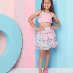 pspeaches Girls Round Neck Ruffled Top with Skirt-image-91